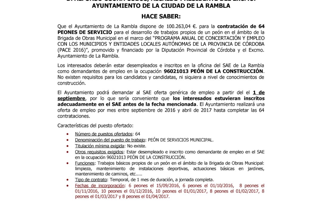 OFERTA DE EMPLEO MUNICIPAL DE 64 PEONES DE SERVICIOS